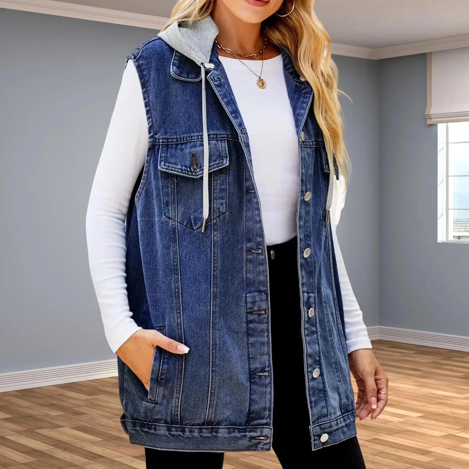 Women's Hooded Denim Vest, Oversized Casual Jean Jacket, Detachable Hood, Plus Size