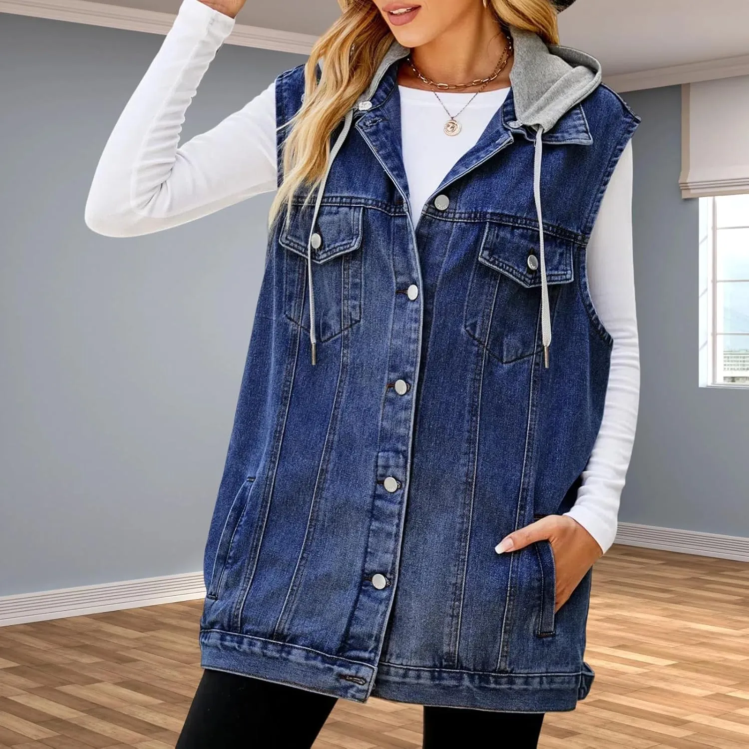 Women's Hooded Denim Vest, Oversized Casual Jean Jacket, Detachable Hood, Plus Size