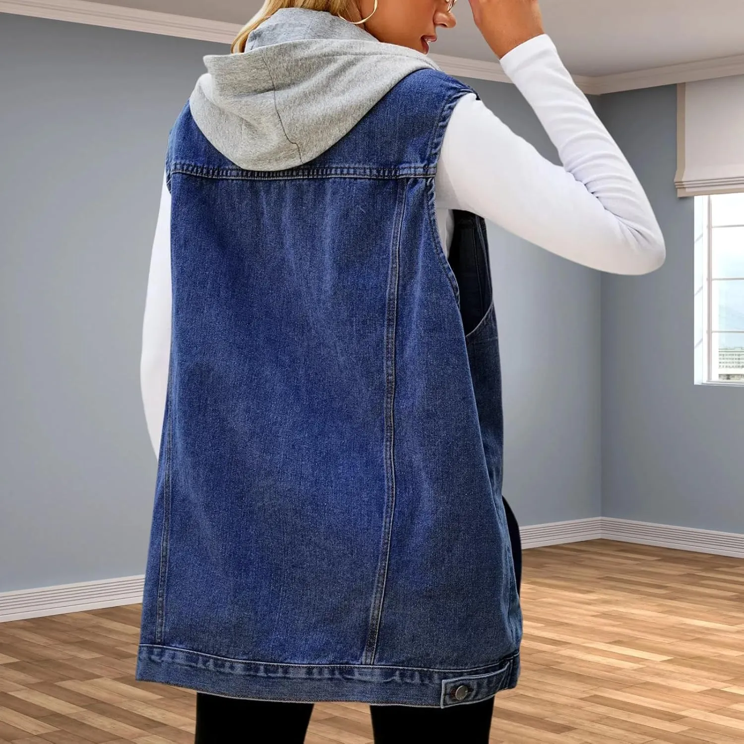 Women's Hooded Denim Vest, Oversized Casual Jean Jacket, Detachable Hood, Plus Size