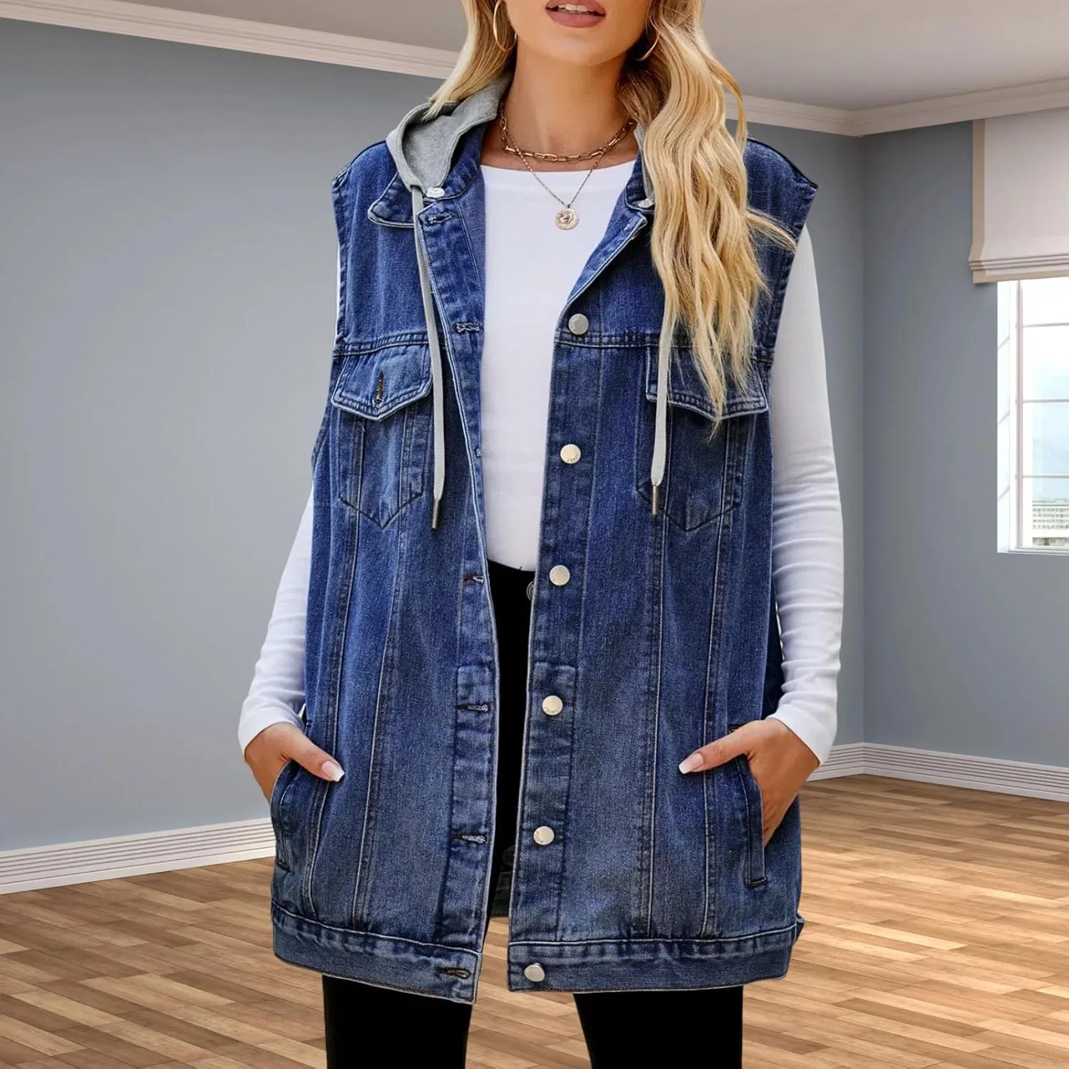 Women's Hooded Denim Vest, Oversized Casual Jean Jacket, Detachable Hood, Plus Size