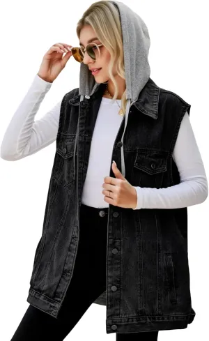 Women's Hooded Denim Vest, Oversized Casual Jean Jacket, Detachable Hood, Plus Size