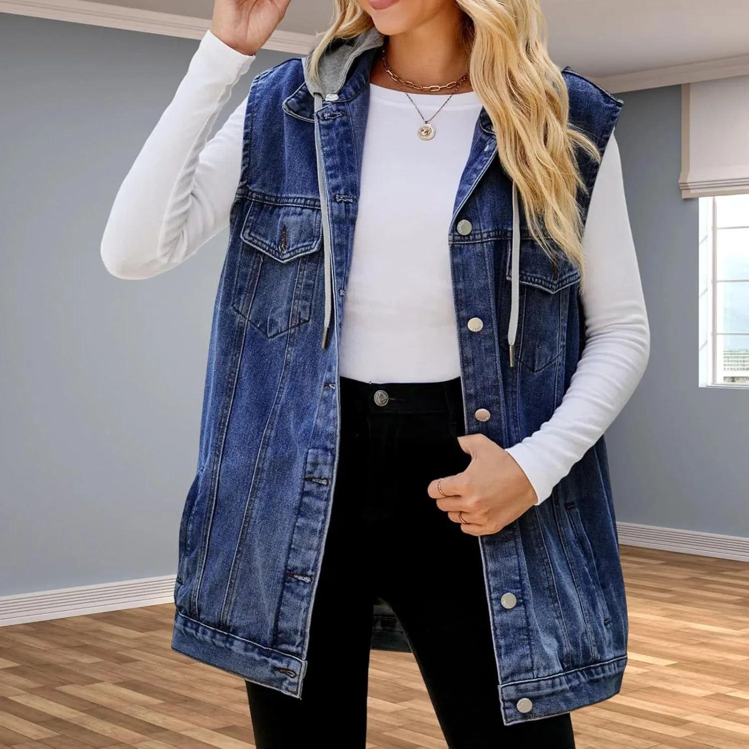 Women's Hooded Denim Vest, Oversized Casual Jean Jacket, Detachable Hood, Plus Size