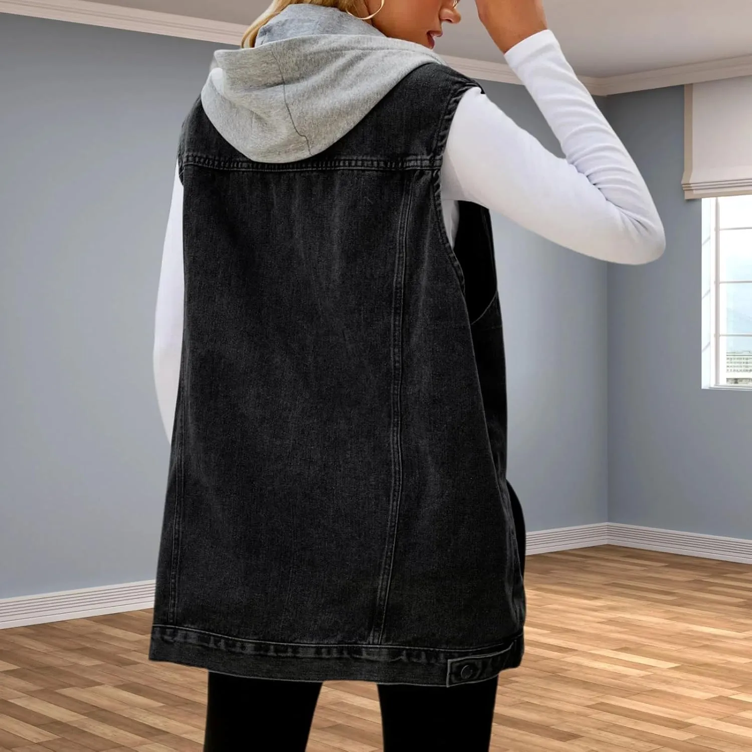 Women's Hooded Denim Vest, Oversized Casual Jean Jacket, Detachable Hood, Plus Size