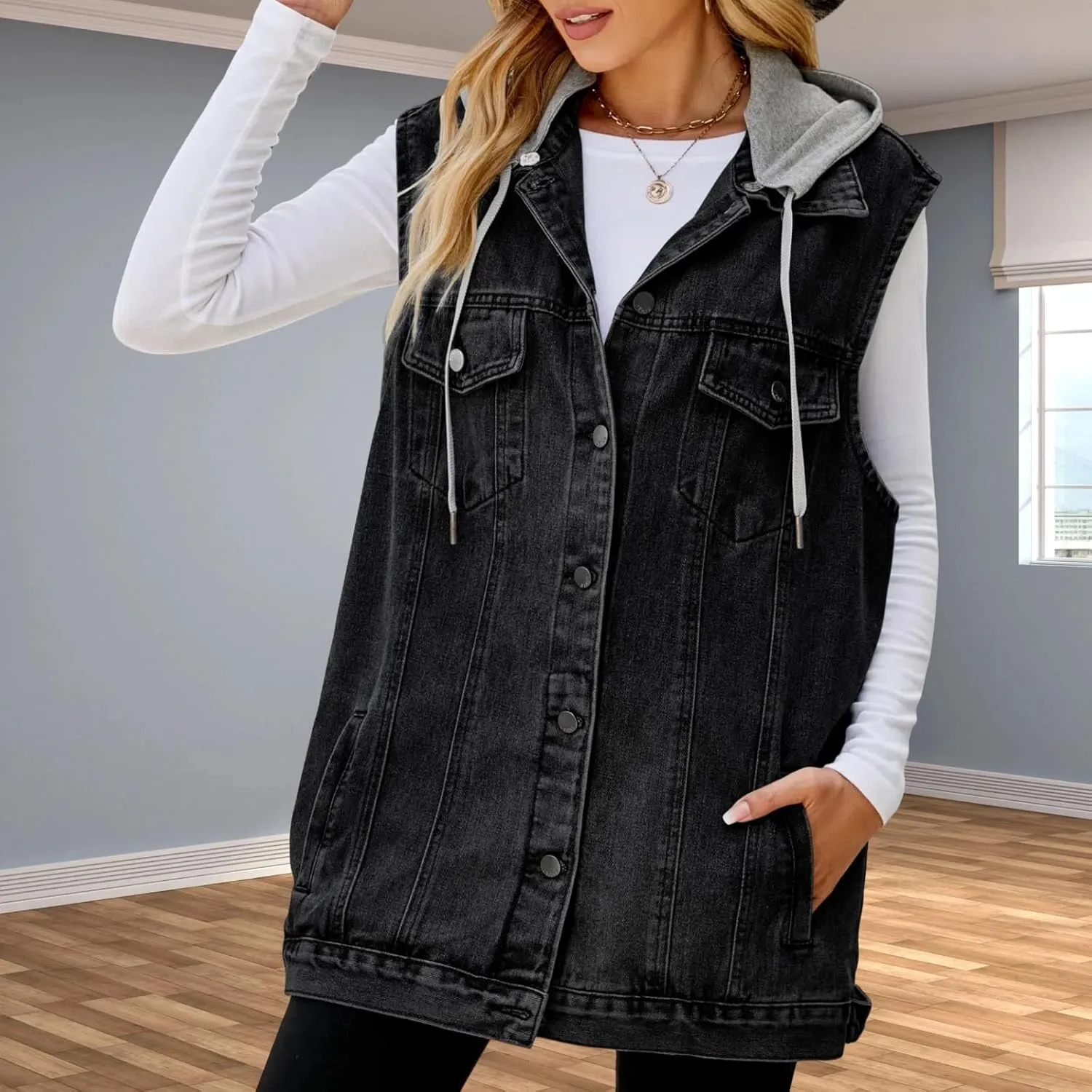 Women's Hooded Denim Vest, Oversized Casual Jean Jacket, Detachable Hood, Plus Size