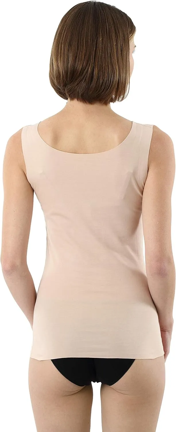 Women's Laser Cut Invisible Seamless Tank top Undershirt with deep Scoop Neck Stretch Cotton Nude Beige