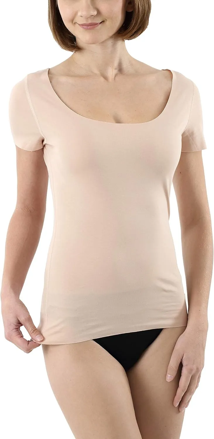 Women's Laser Cut Invisible Seamless Undershirt Short Sleeves deep Scoop Neck Stretch Cotton Nude Beige