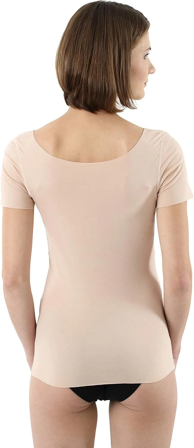 Women's Laser Cut Invisible Seamless Undershirt Short Sleeves deep Scoop Neck Stretch Cotton Nude Beige