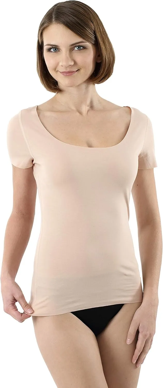 Women's Laser Cut Invisible Seamless Undershirt Short Sleeves deep Scoop Neck Stretch Cotton Nude Beige