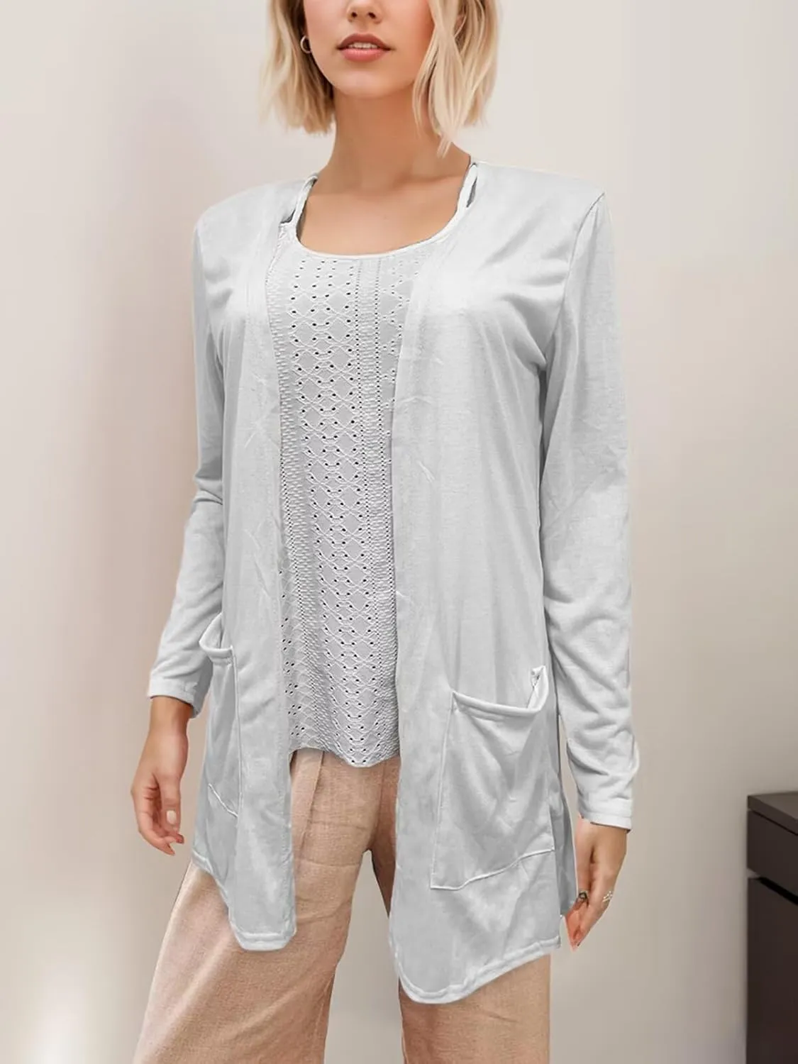 Women's Lightweight Summer Cardigan Casual Dressy Cardigan Sweaters V-Neck Lady Jacket with Pockets