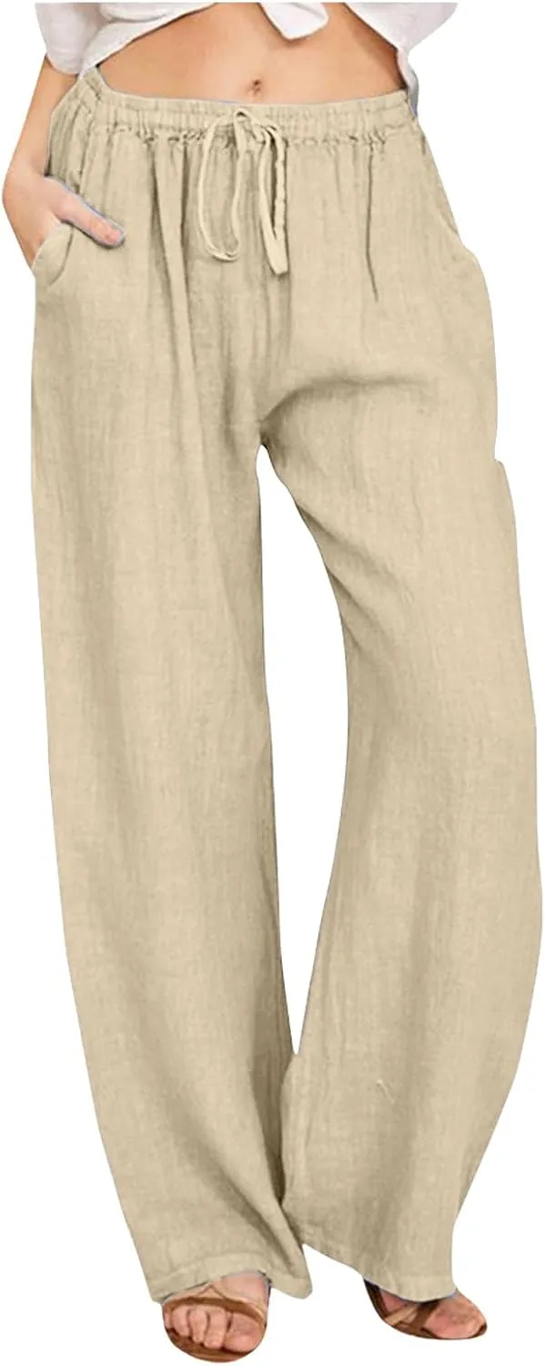 Women's Linen Pants 2025 Summer Loose High Waist Pleated Front Wide Leg Joggers Palazzo Pants Trousers with Pockets