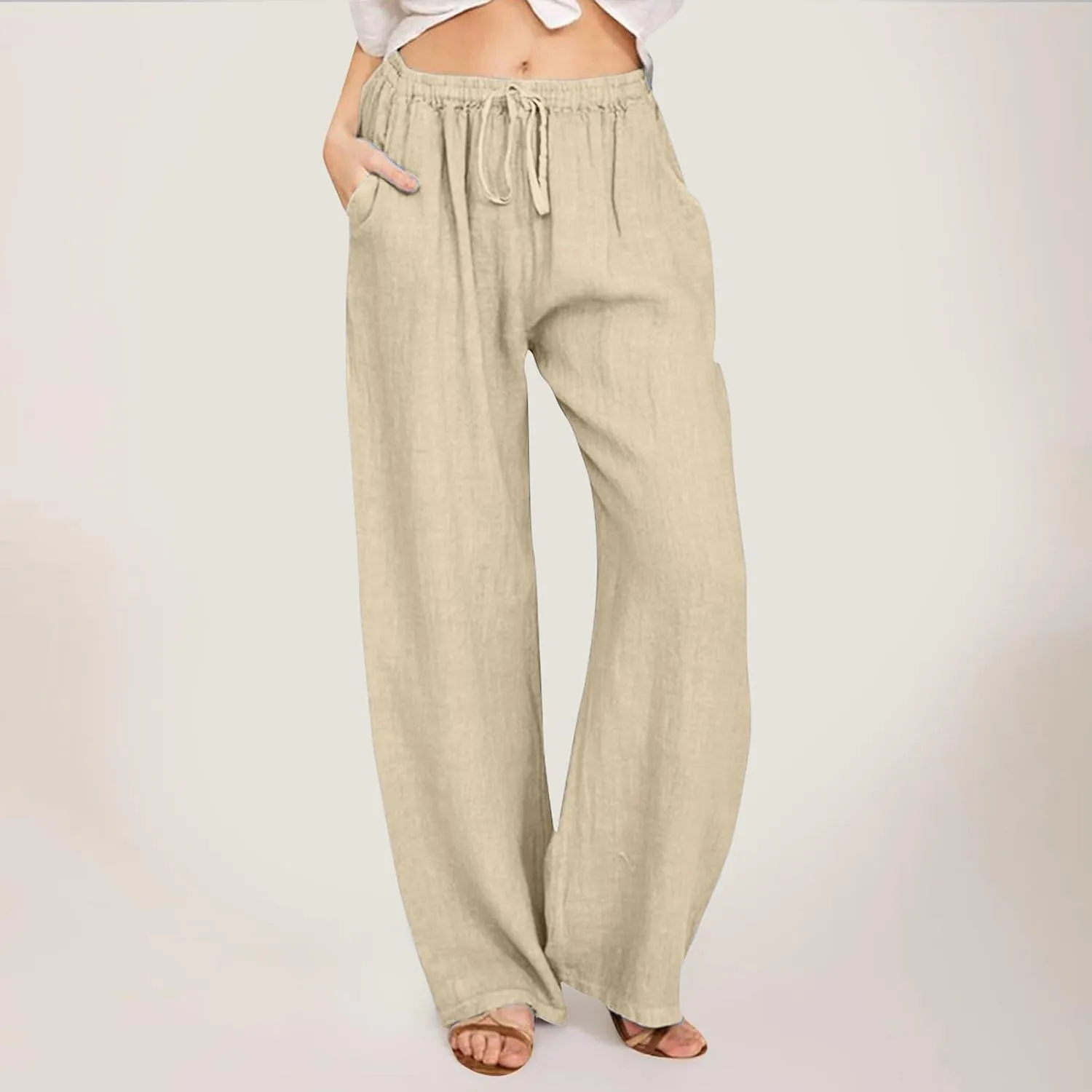 Women's Linen Pants 2025 Summer Loose High Waist Pleated Front Wide Leg Joggers Palazzo Pants Trousers with Pockets