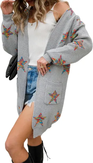 Womens Long Cardigan Sweaters,Long Sleeve Open Front Star Print Button Down Knit Outwear Coat S-XL