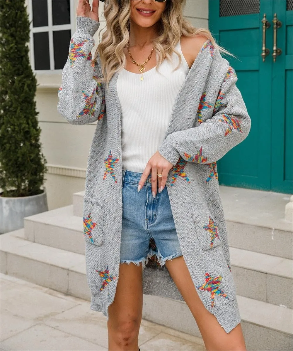 Womens Long Cardigan Sweaters,Long Sleeve Open Front Star Print Button Down Knit Outwear Coat S-XL