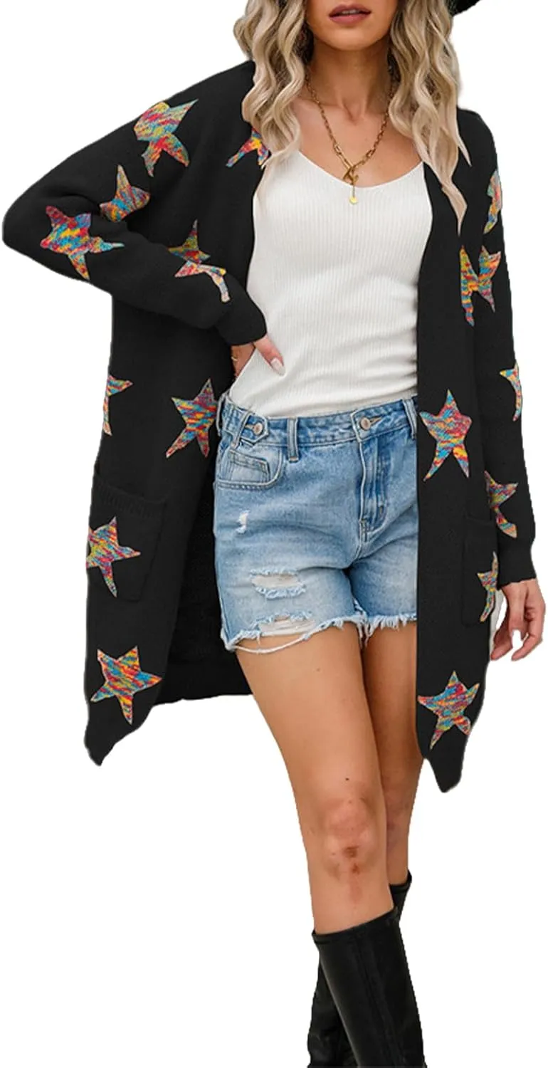 Womens Long Cardigan Sweaters,Long Sleeve Open Front Star Print Button Down Knit Outwear Coat S-XL