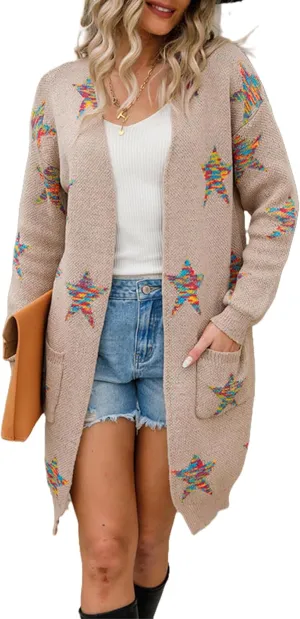 Womens Long Cardigan Sweaters,Long Sleeve Open Front Star Print Button Down Knit Outwear Coat S-XL