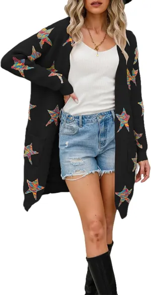 Womens Long Cardigan Sweaters,Long Sleeve Open Front Star Print Button Down Knit Outwear Coat S-XL