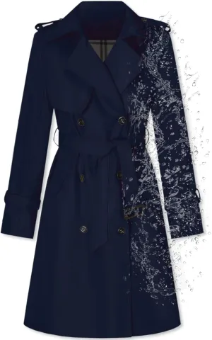 Women's Long Trench Coat Waterproof Double-Breasted Classic Windbreaker Lapel Dress Outerwear with Belt, Navy, X-Small
