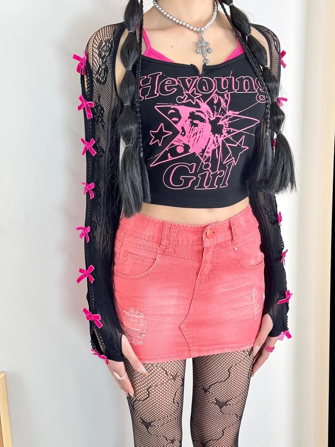 Women's Mesh Lace Shrug Crop Top Y2K Aesthetic Grunge Arm Sleeves Cardigan with Bow Going Out Shirts Summer
