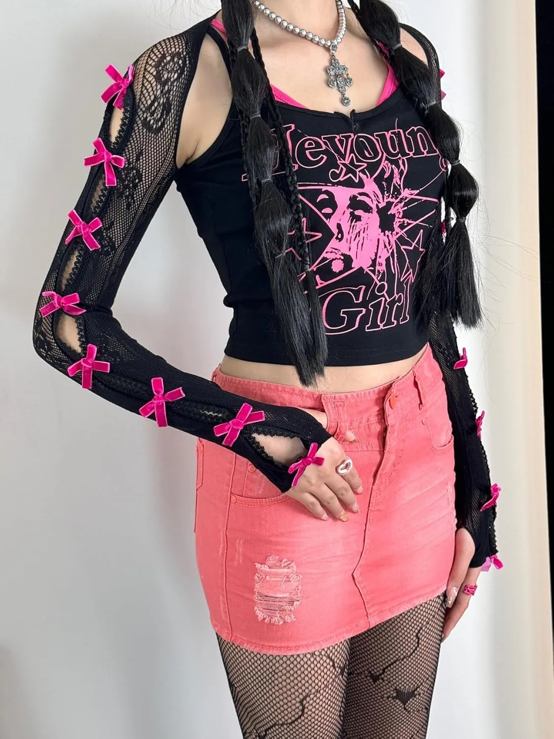 Women's Mesh Lace Shrug Crop Top Y2K Aesthetic Grunge Arm Sleeves Cardigan with Bow Going Out Shirts Summer