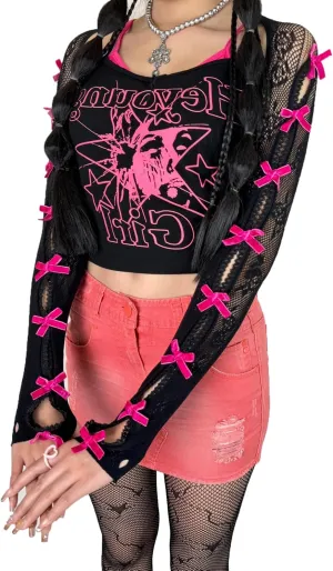 Women's Mesh Lace Shrug Crop Top Y2K Aesthetic Grunge Arm Sleeves Cardigan with Bow Going Out Shirts Summer