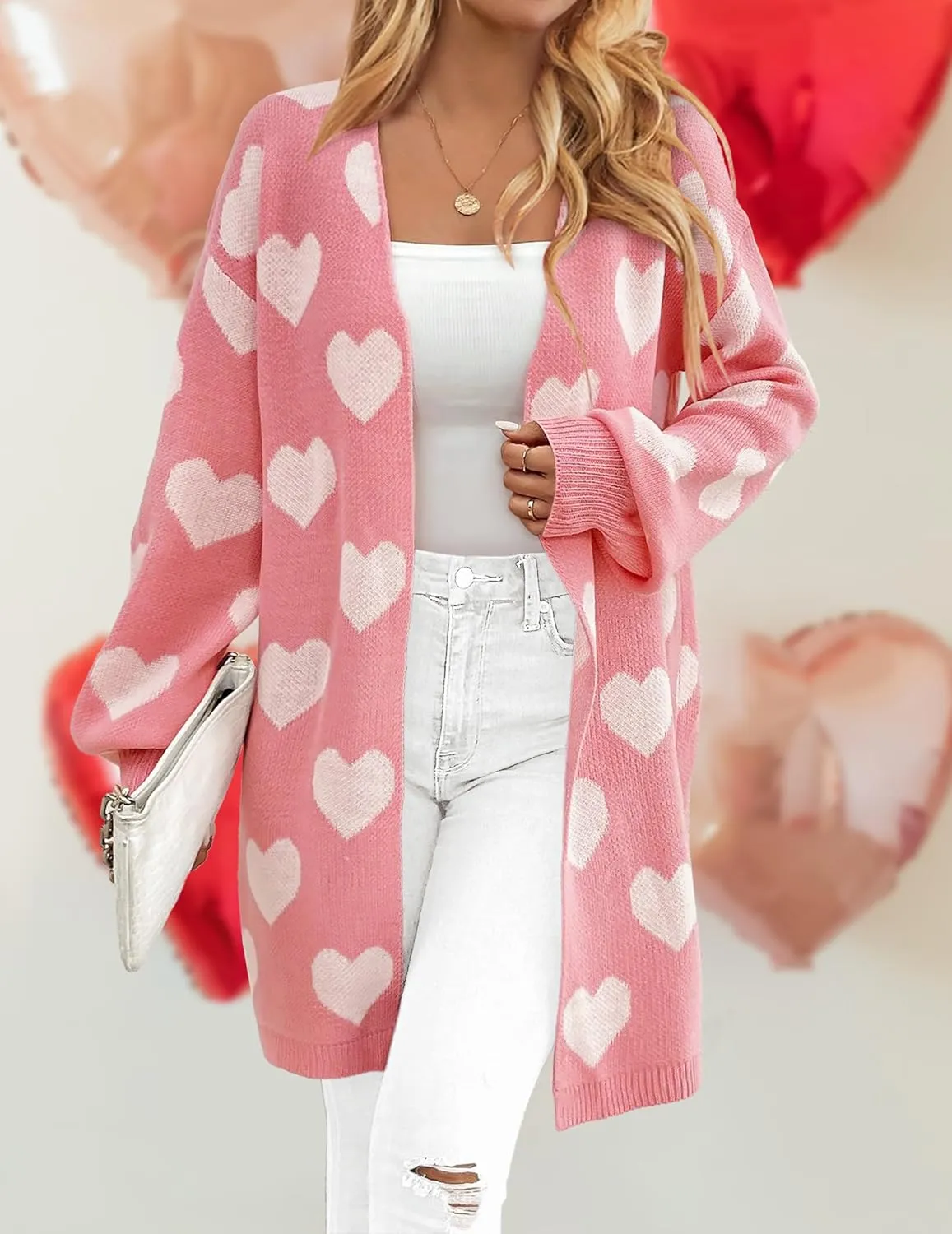 Womens Oversized Cute Heart Long Cardigan Spring 2025 Trendy Casual Ribbed Knit Open Front Sweaters