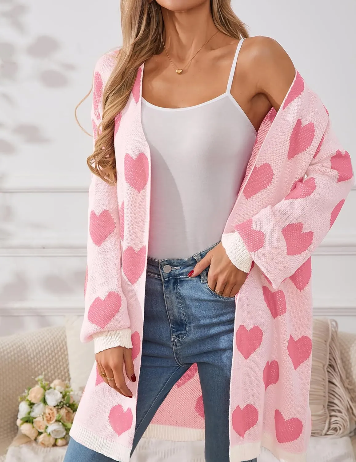 Womens Oversized Cute Heart Long Cardigan Spring 2025 Trendy Casual Ribbed Knit Open Front Sweaters