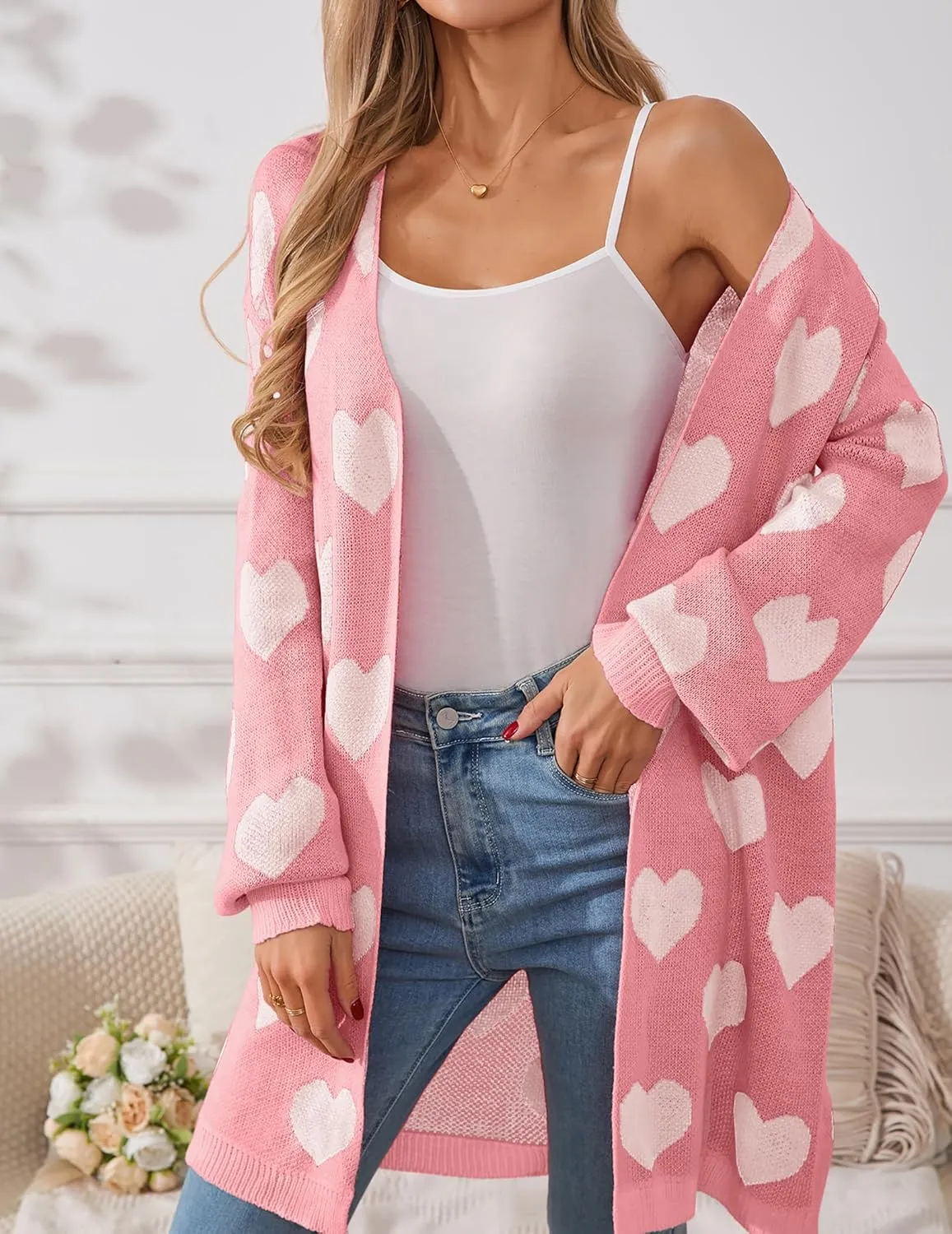 Womens Oversized Cute Heart Long Cardigan Spring 2025 Trendy Casual Ribbed Knit Open Front Sweaters