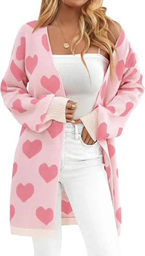 Womens Oversized Cute Heart Long Cardigan Spring 2025 Trendy Casual Ribbed Knit Open Front Sweaters