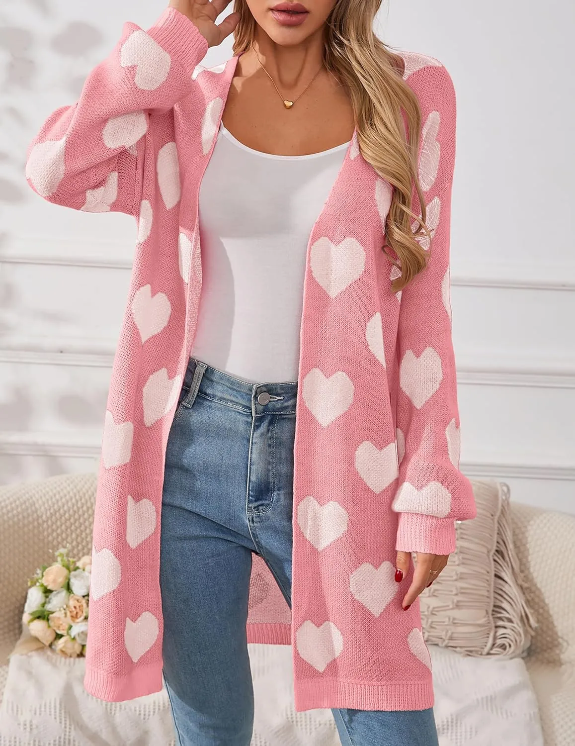 Womens Oversized Cute Heart Long Cardigan Spring 2025 Trendy Casual Ribbed Knit Open Front Sweaters