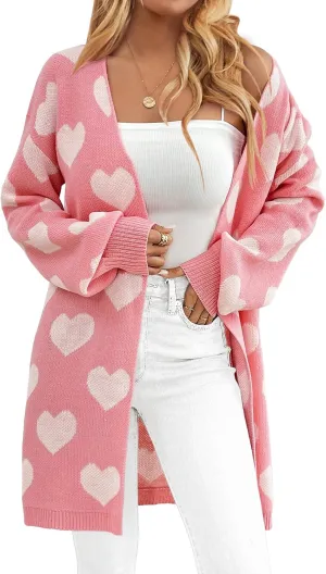 Womens Oversized Cute Heart Long Cardigan Spring 2025 Trendy Casual Ribbed Knit Open Front Sweaters