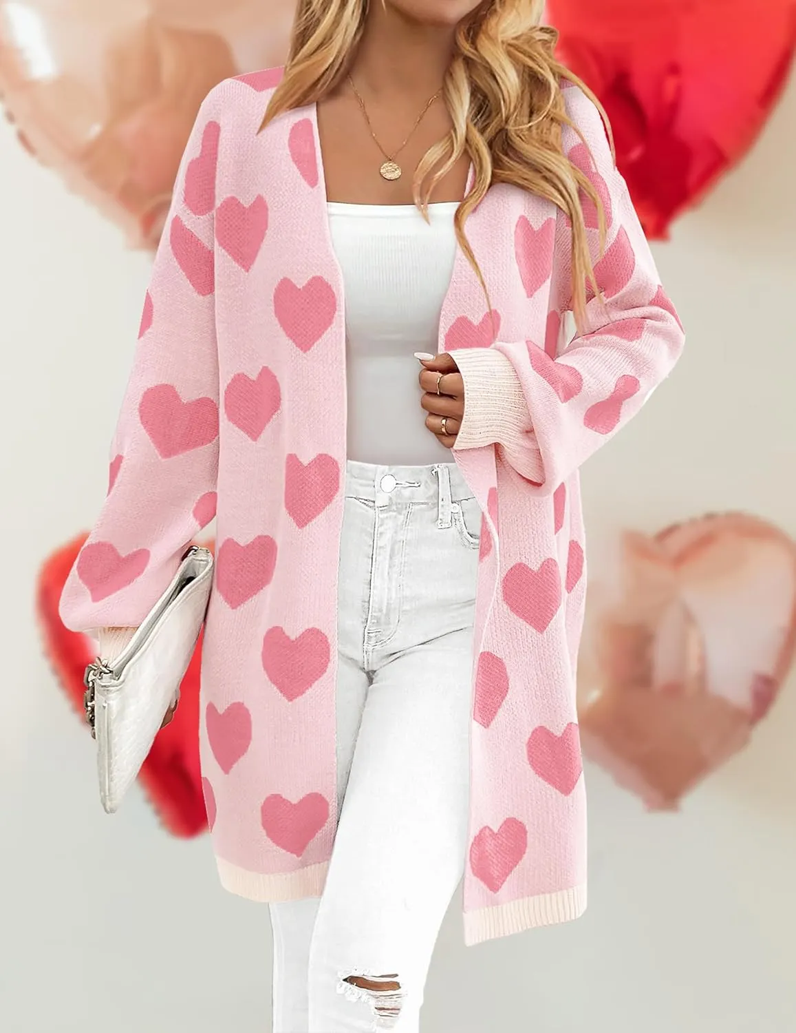 Womens Oversized Cute Heart Long Cardigan Spring 2025 Trendy Casual Ribbed Knit Open Front Sweaters