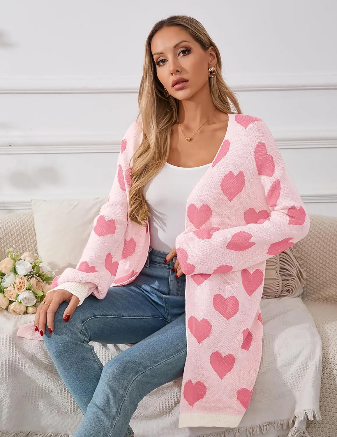 Womens Oversized Cute Heart Long Cardigan Spring 2025 Trendy Casual Ribbed Knit Open Front Sweaters