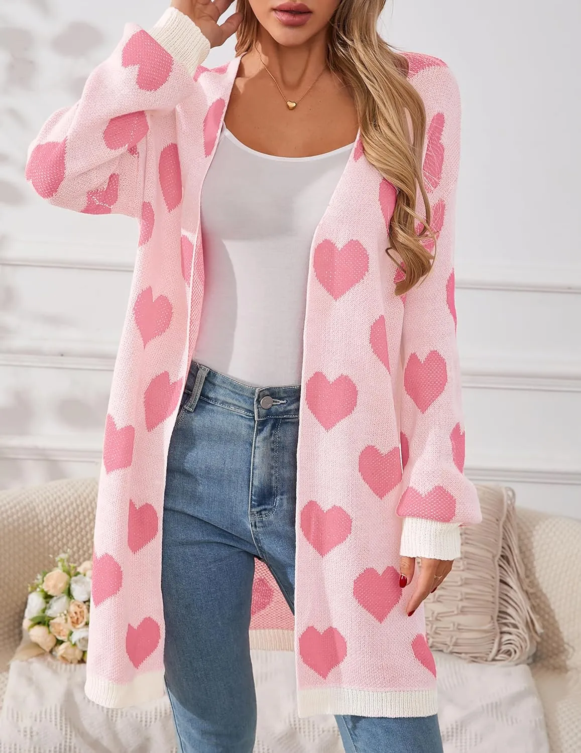 Womens Oversized Cute Heart Long Cardigan Spring 2025 Trendy Casual Ribbed Knit Open Front Sweaters