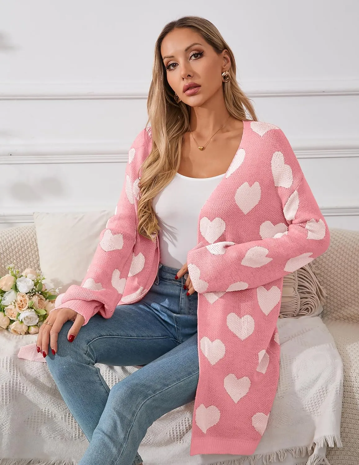 Womens Oversized Cute Heart Long Cardigan Spring 2025 Trendy Casual Ribbed Knit Open Front Sweaters