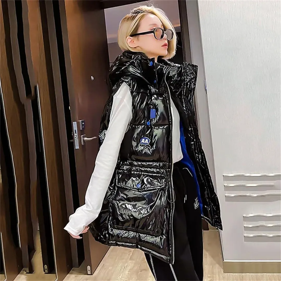 Women's Padded Down Glossy Vest Style Loose Hooded Waistcoat Cotton-Padded Sleeveless Jacket