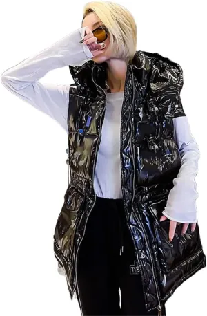 Women's Padded Down Glossy Vest Style Loose Hooded Waistcoat Cotton-Padded Sleeveless Jacket