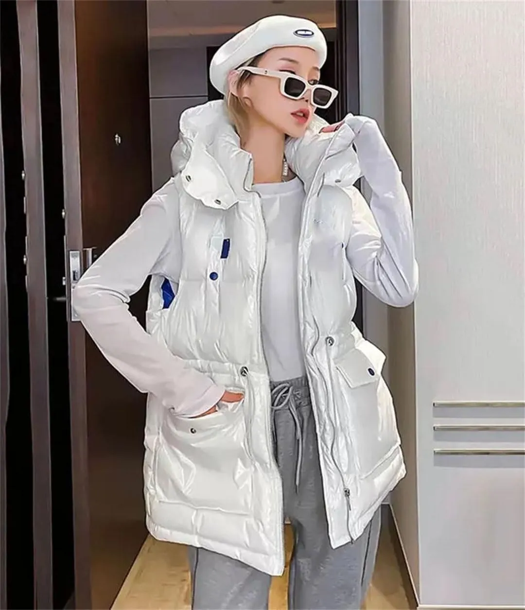 Women's Padded Down Glossy Vest Style Loose Hooded Waistcoat Cotton-Padded Sleeveless Jacket