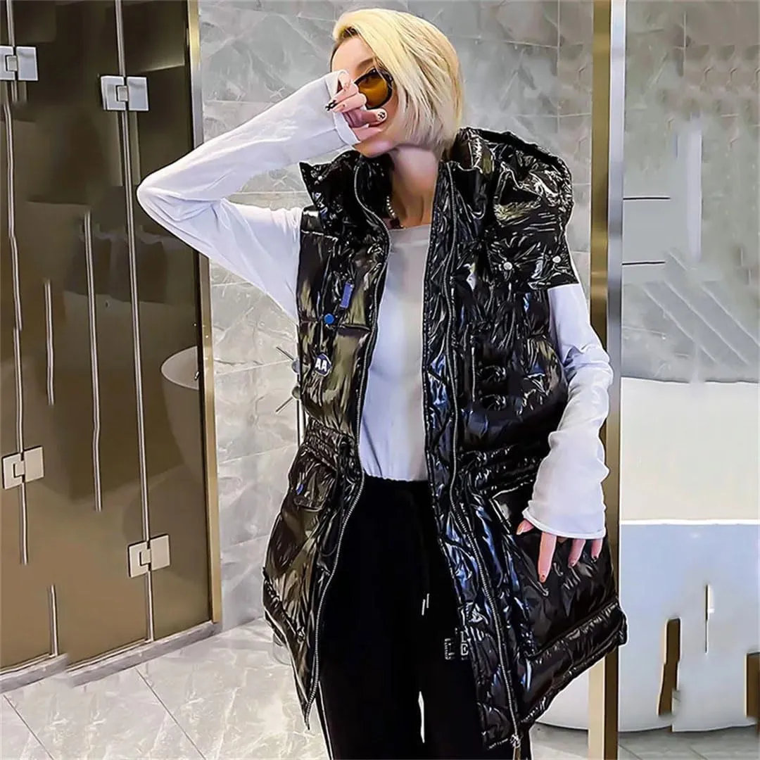 Women's Padded Down Glossy Vest Style Loose Hooded Waistcoat Cotton-Padded Sleeveless Jacket