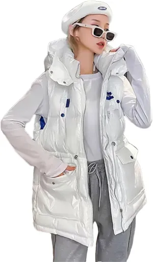 Women's Padded Down Glossy Vest Style Loose Hooded Waistcoat Cotton-Padded Sleeveless Jacket