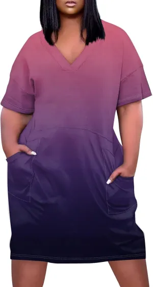 Women's Plus Size Summer Dresses 2025 Short Sleeve Knee Length Gradient Loose Tshirt Dresses Casual, L-5XL