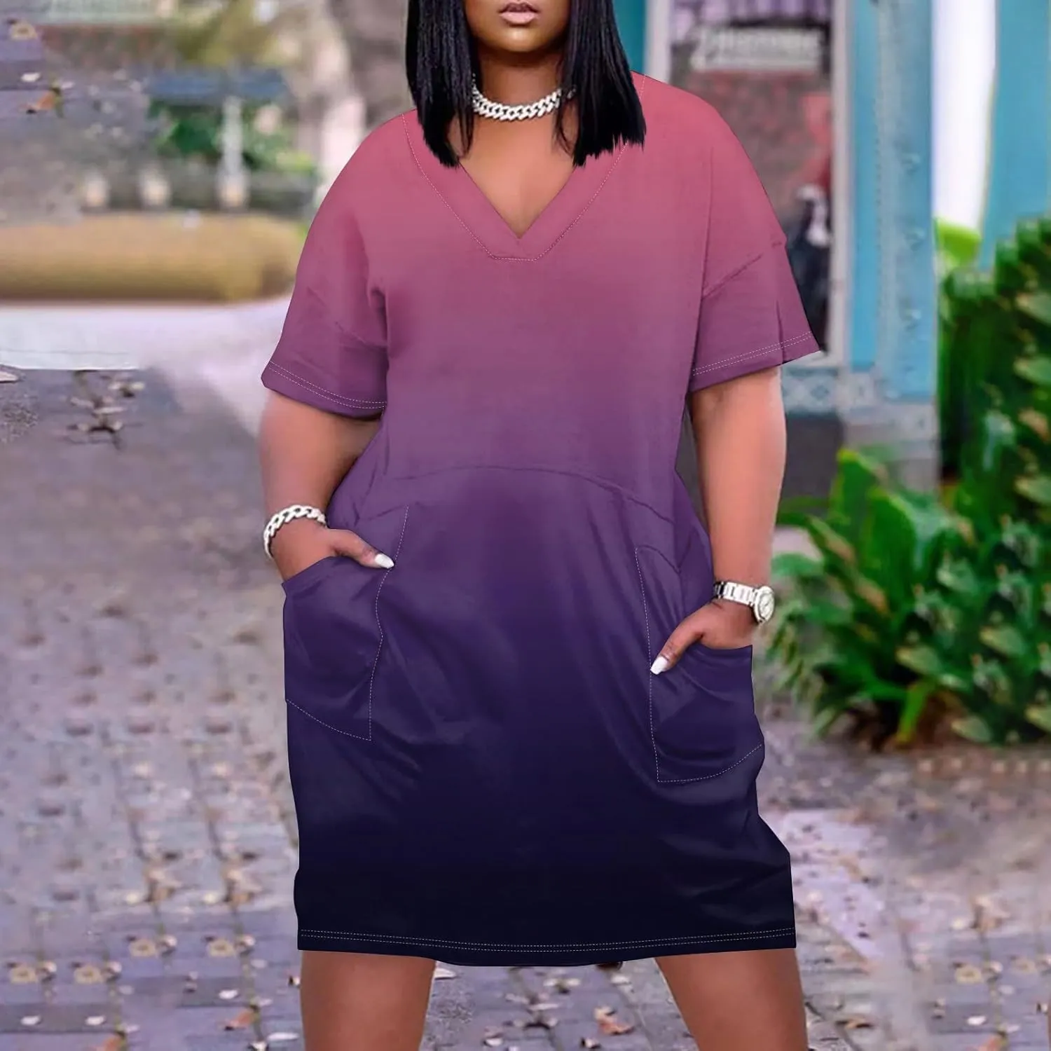 Women's Plus Size Summer Dresses 2025 Short Sleeve Knee Length Gradient Loose Tshirt Dresses Casual, L-5XL