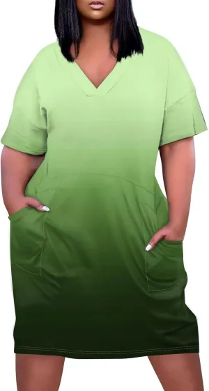 Women's Plus Size Summer Dresses 2025 Short Sleeve Knee Length Gradient Loose Tshirt Dresses Casual, L-5XL
