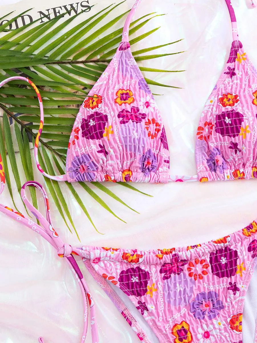 Women's Sexy Pink Floral String Bikini Set | Swimwear for Young Women