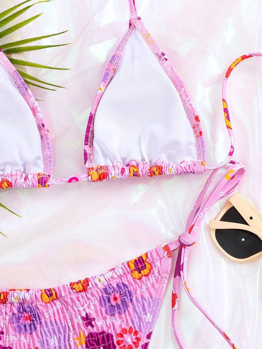 Women's Sexy Pink Floral String Bikini Set | Swimwear for Young Women