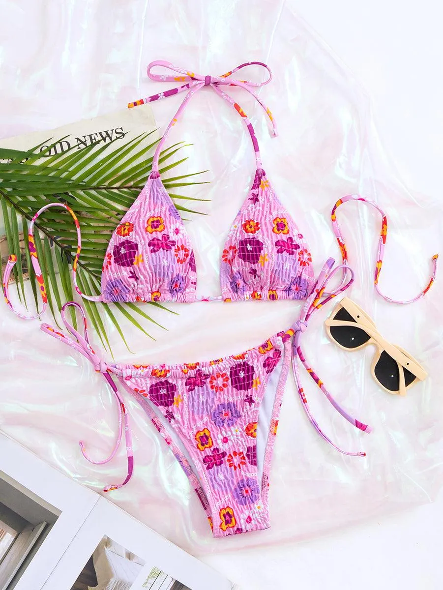 Women's Sexy Pink Floral String Bikini Set | Swimwear for Young Women