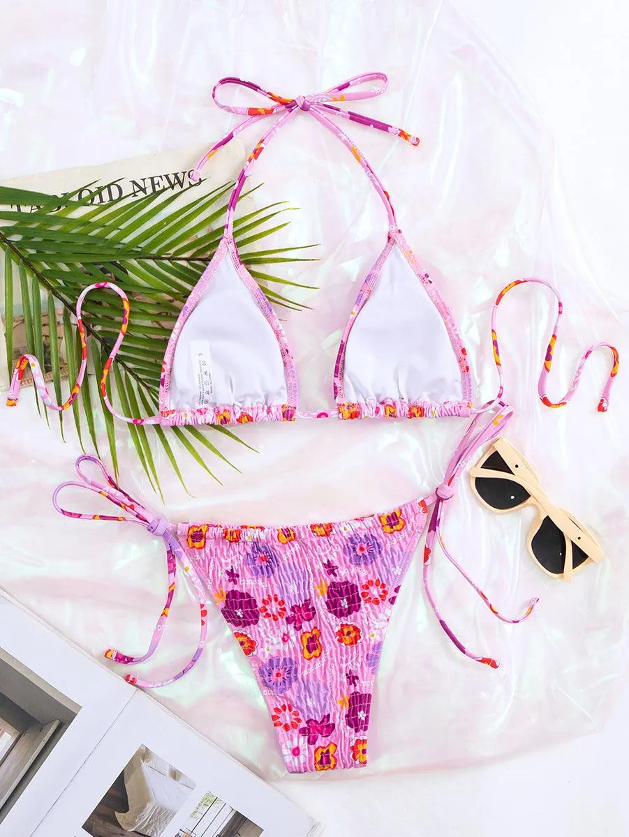 Women's Sexy Pink Floral String Bikini Set | Swimwear for Young Women
