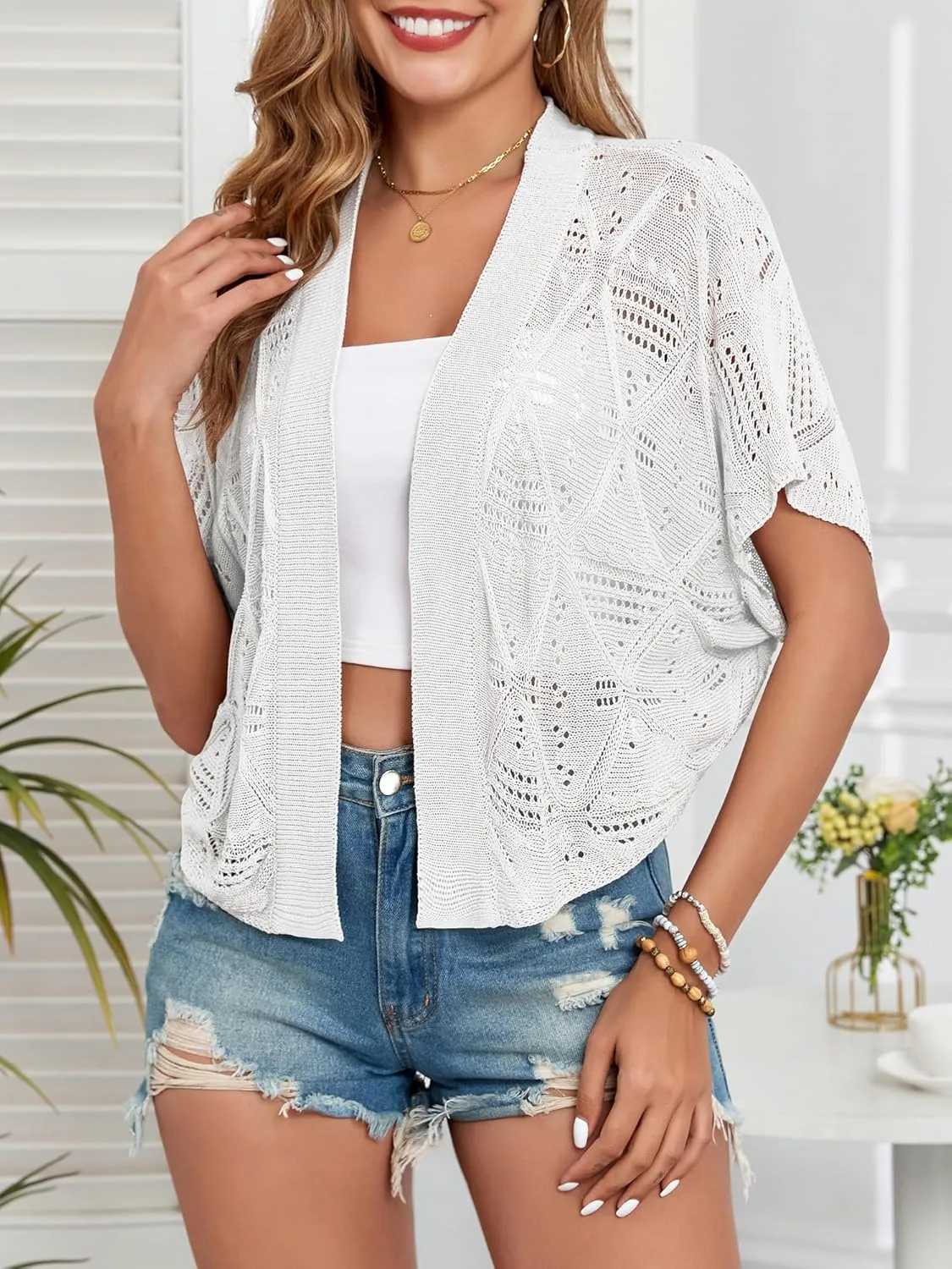 Women's Shrug Crochet Cropped Cardigan Lightweight Hollow-Out Batwing Sleeve Open Front Bolero Sweaters