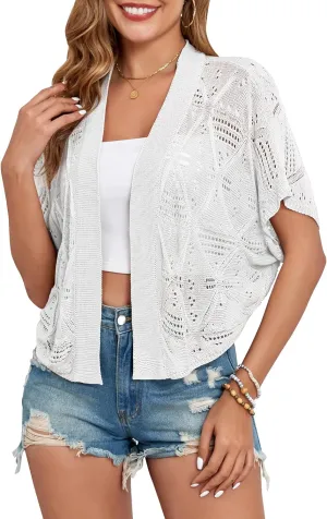 Women's Shrug Crochet Cropped Cardigan Lightweight Hollow-Out Batwing Sleeve Open Front Bolero Sweaters