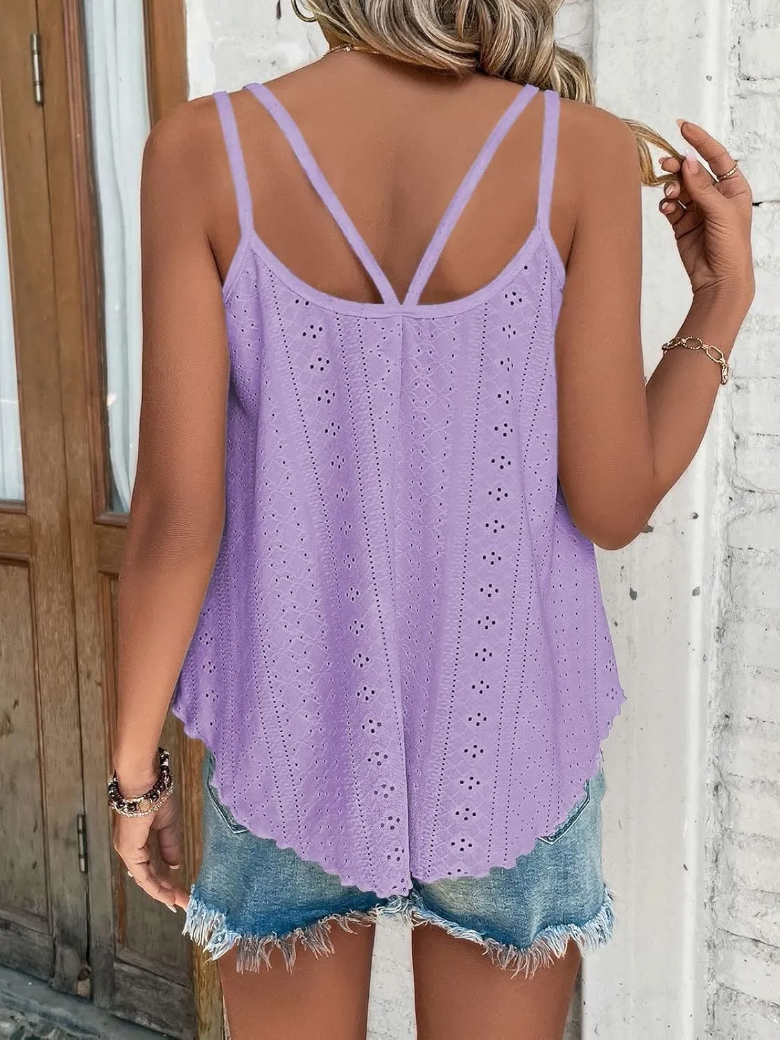 Womens Tank Tops Casual Flowy Eyelet Spaghetti Strap Summer Tops Sexy Sleeveless Shirts Loose Fit Tunic Camisoles