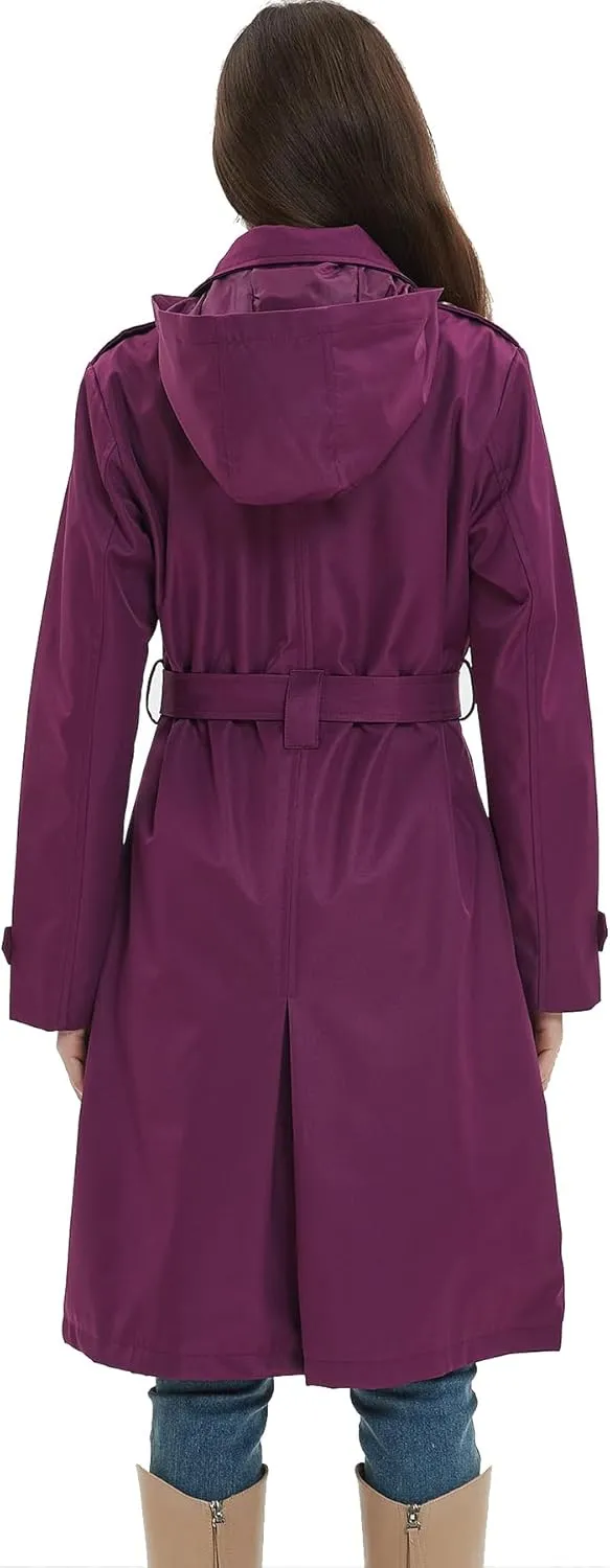 Womens Trench Coat Double-Breasted Long windbreak Belted Slim Outerwear Coat with Detachable Hood S-2XL
